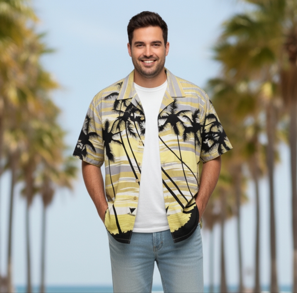 Oscar Misa Men's NWT Yellow Hawaiian Button Up Short Sleeve Shirt Size Large